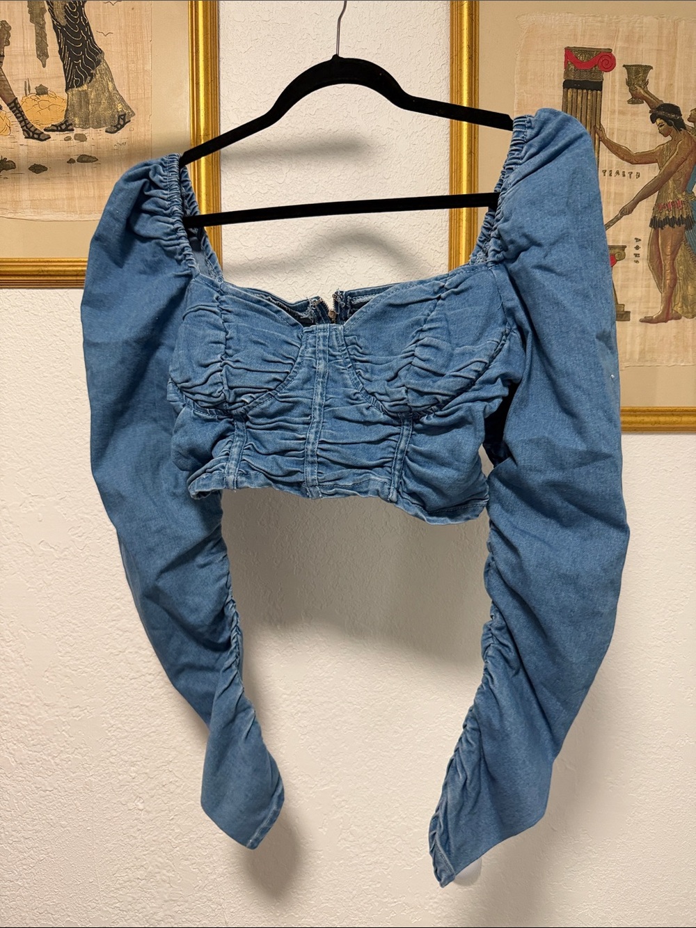 Denim Ruched Puff Sleeve Crop Top